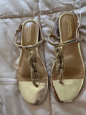 Chico's Gold Beaded T-Strap Sandals